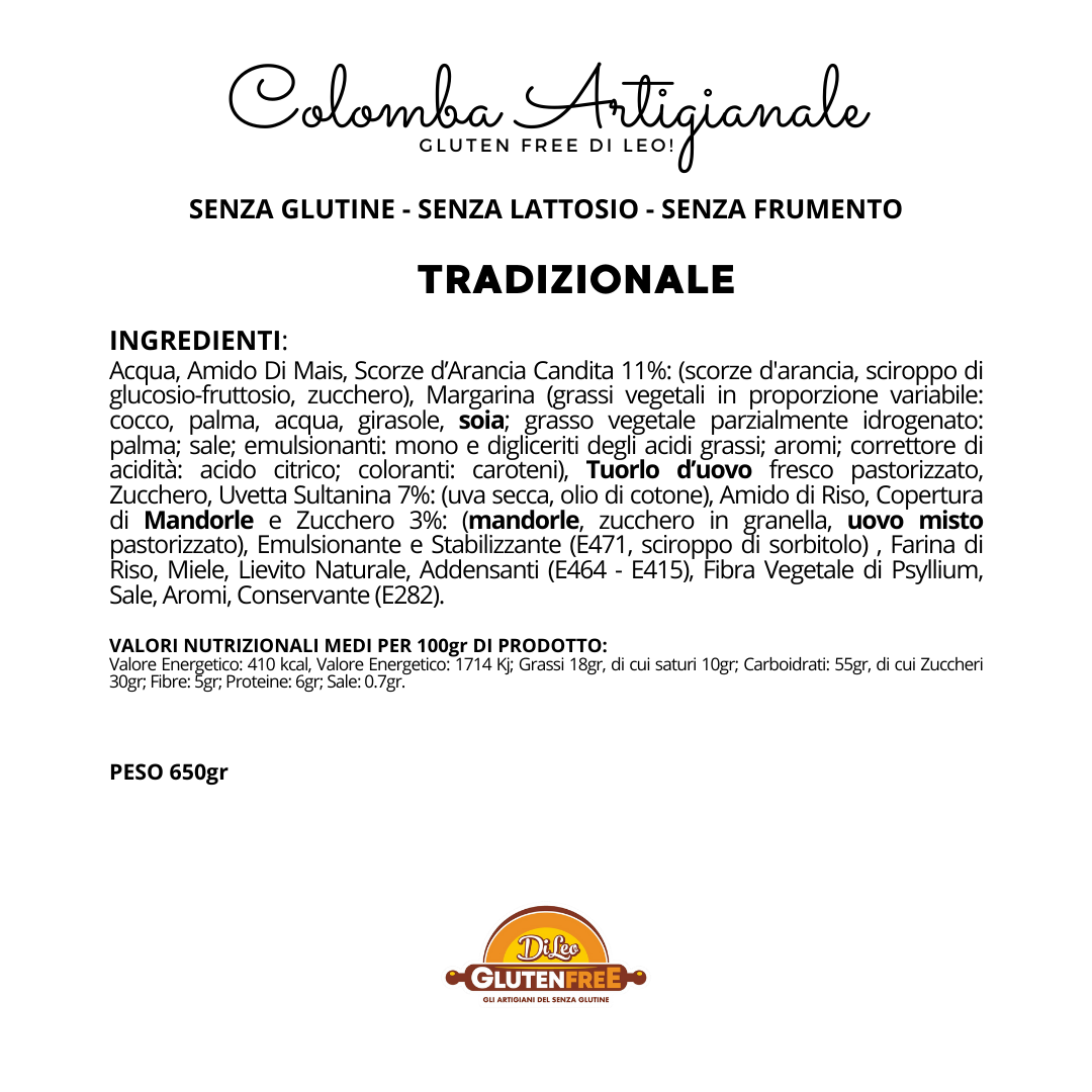 Colomba Tradizionale | Artigianale, Senza Glutine, Senza Lattosio e Senza Frumento