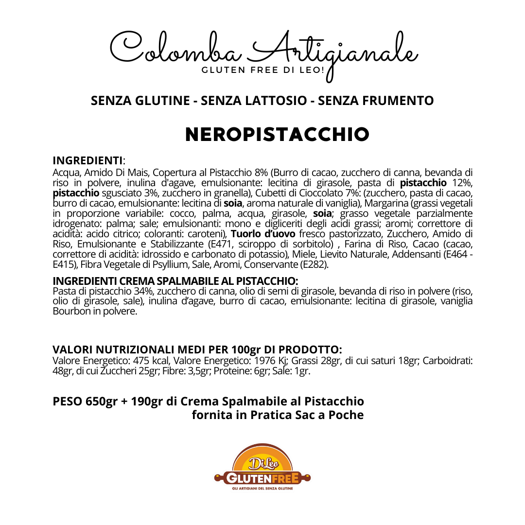Colomba Nero Pistacchio | Artigianale, Senza Glutine, Senza Lattosio e Senza Frumento!
