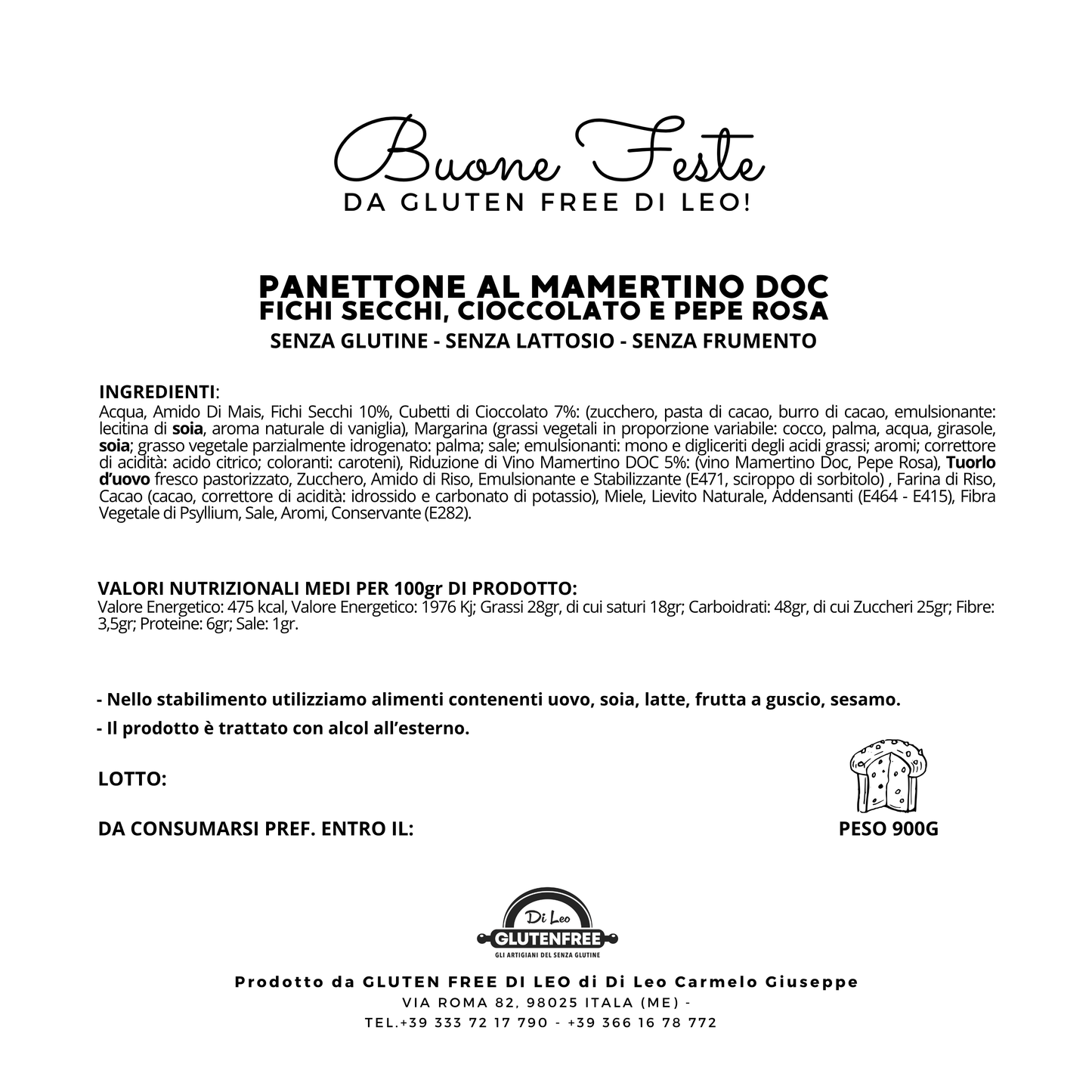 Panettone al Mamertino DOC con Fichi Secchi, Cioccolato e Pepe Rosa| Artigianale, Senza Glutine, Senza Lattosio e Senza Frumento